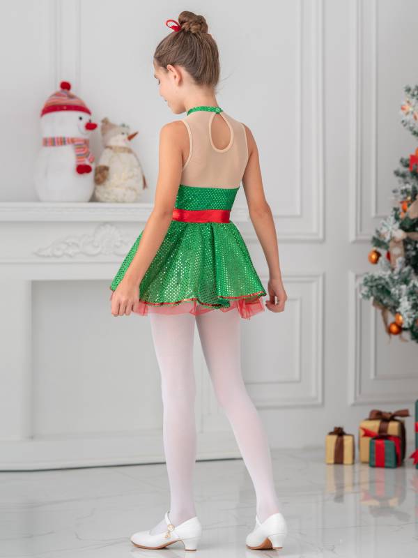 Kids Girls Christmas Sleeveless Mesh Bowknot Sequins Dance Leotard Dress thumb