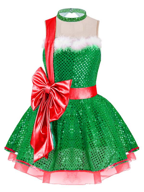 Kids Girls Christmas Sleeveless Mesh Bowknot Sequins Dance Leotard Dress thumb