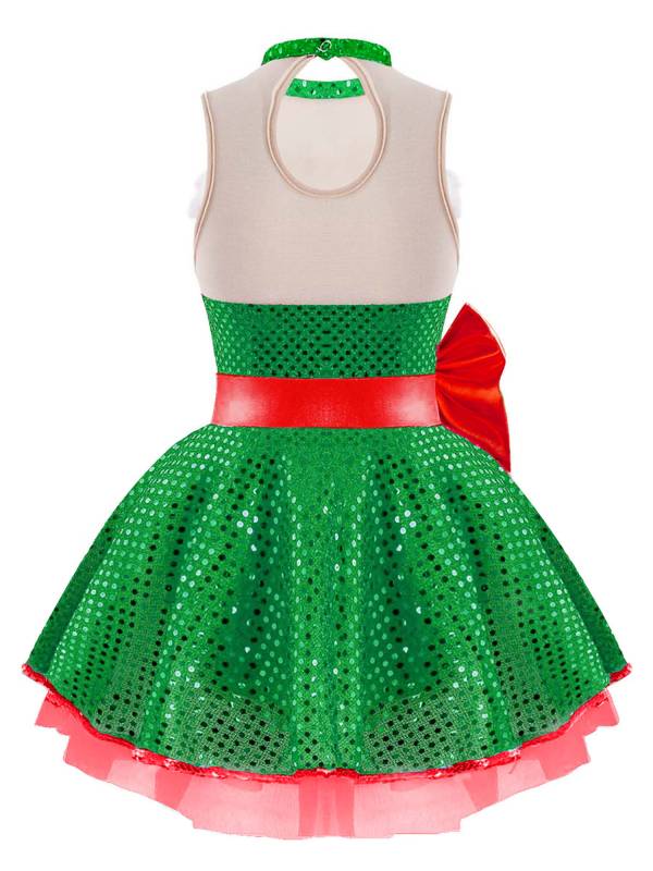 Kids Girls Christmas Sleeveless Mesh Bowknot Sequins Dance Leotard Dress thumb