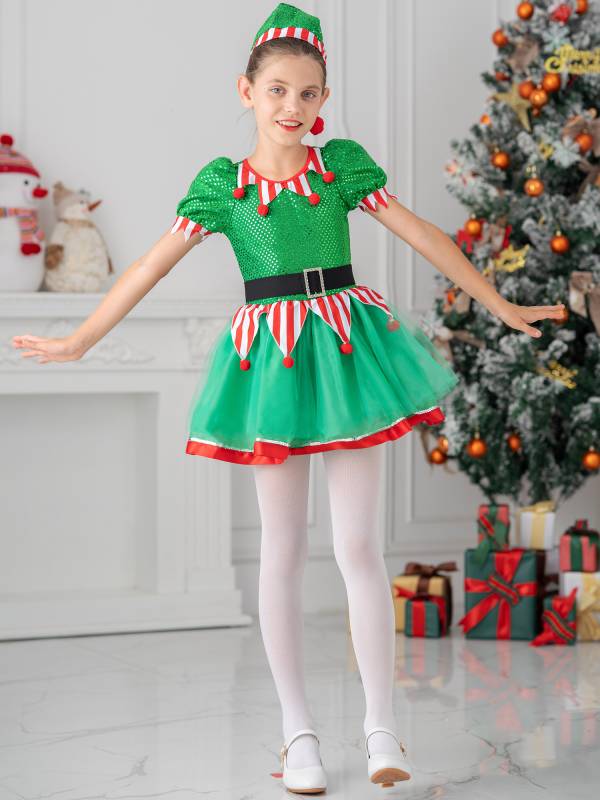 Kids Girls Christmas Elf Costume Sequins Pompoms Mesh Tutu Dress with Hat thumb