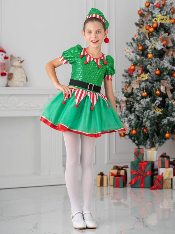 Kids Girls Christmas Elf Costume Sequins Pompoms Mesh Tutu Dress with Hat thumb