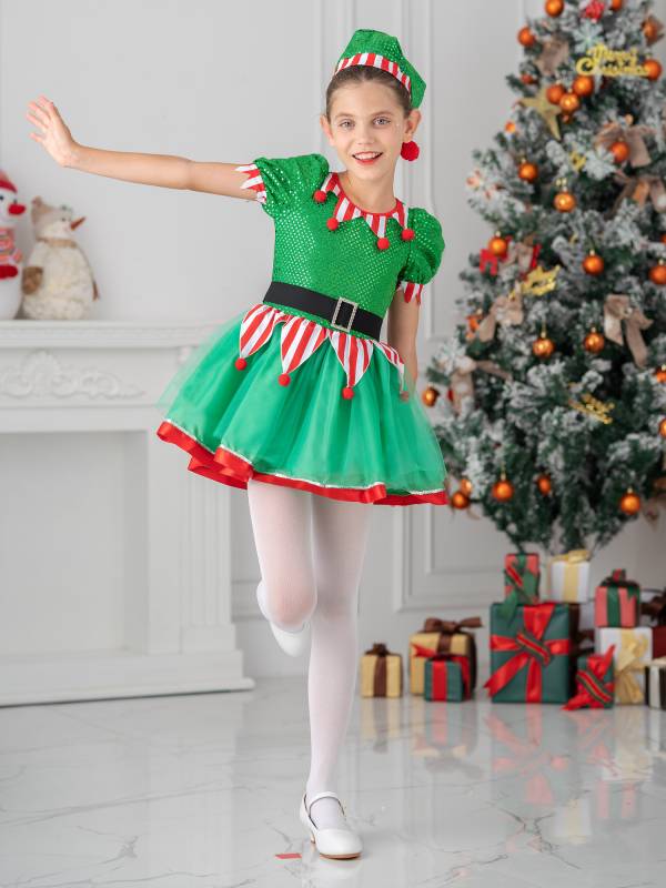 Kids Girls Christmas Elf Costume Sequins Pompoms Mesh Tutu Dress with Hat thumb