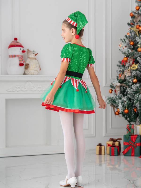 Kids Girls Christmas Elf Costume Sequins Pompoms Mesh Tutu Dress with Hat thumb