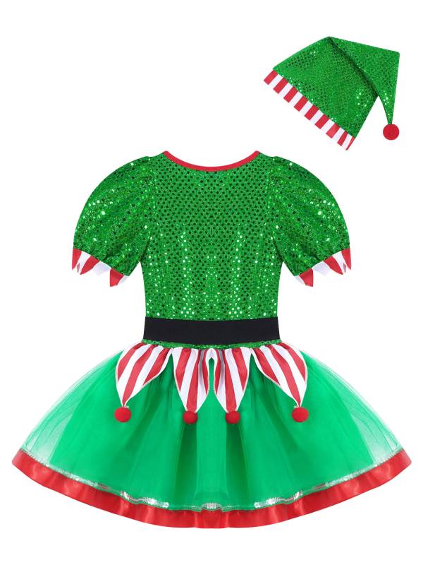 Kids Girls Christmas Elf Costume Sequins Pompoms Mesh Tutu Dress with Hat thumb