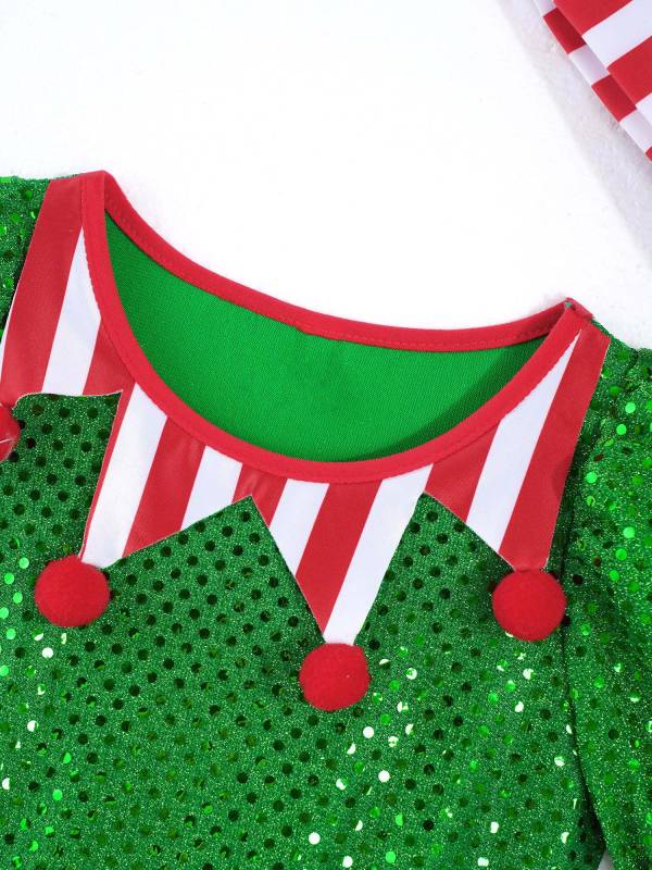 Kids Girls Christmas Elf Costume Sequins Pompoms Mesh Tutu Dress with Hat thumb