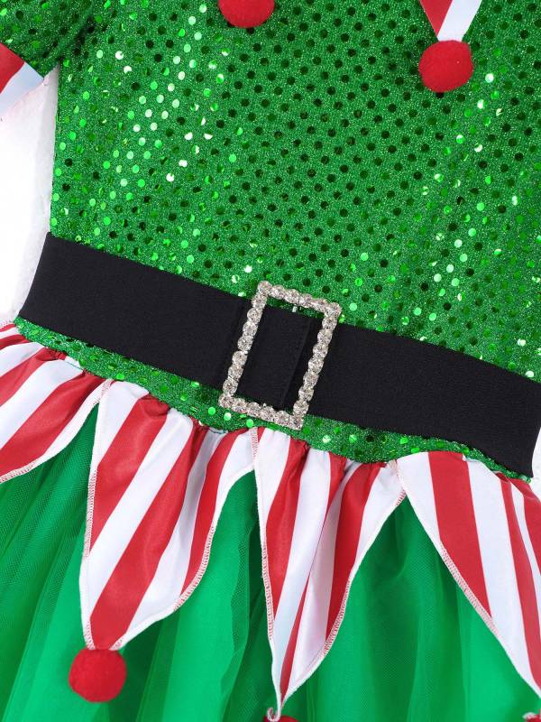 Kids Girls Christmas Elf Costume Sequins Pompoms Mesh Tutu Dress with Hat thumb