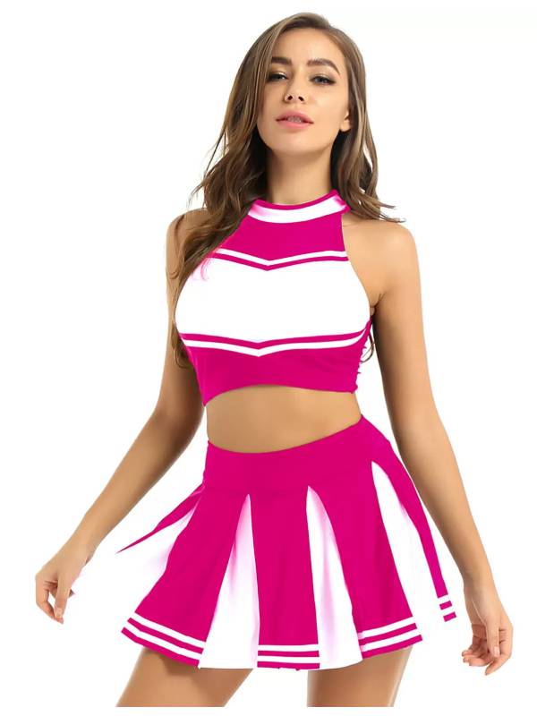 Women 2Pcs Cheerleading Costume Crop Top with Mini Pleated Skirt Set thumb