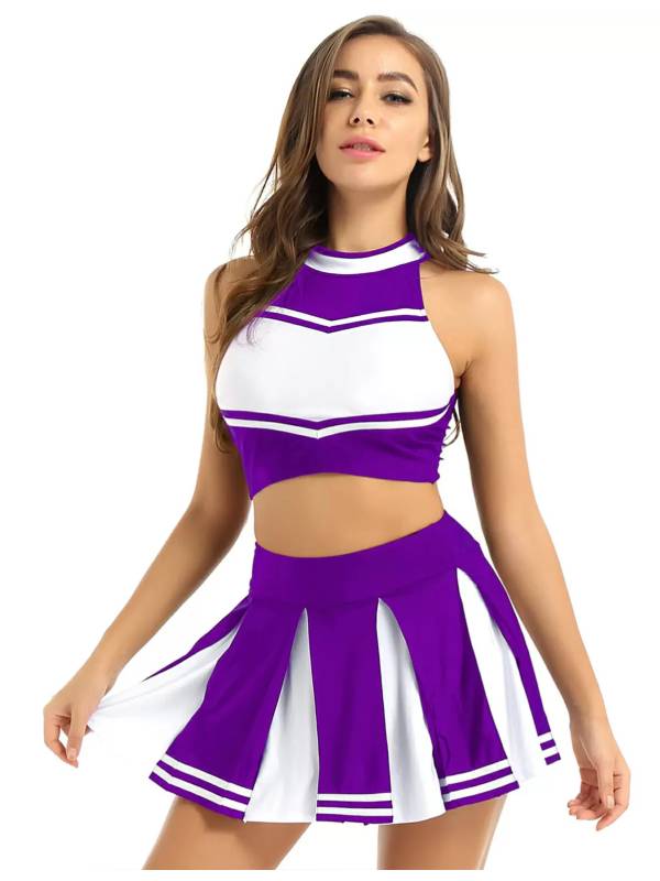 Women 2Pcs Cheerleading Costume Crop Top with Mini Pleated Skirt Set thumb