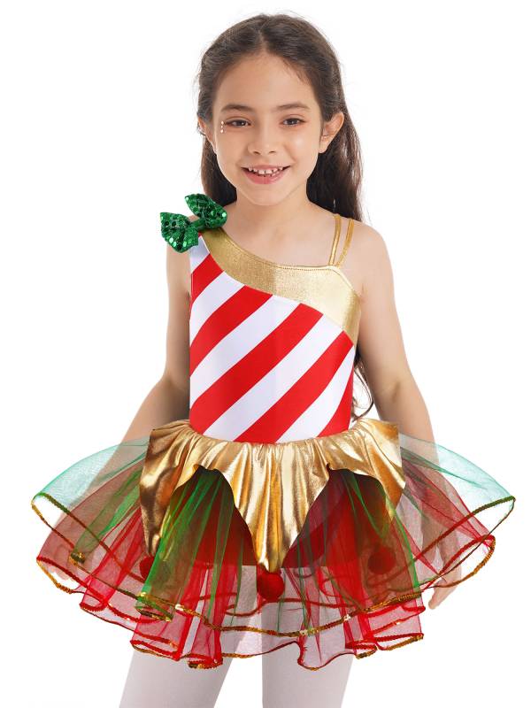 Kids Girls Christmas Sleeveless Asymmetrical Shoulder Stripes Mesh Tutu Dress thumb