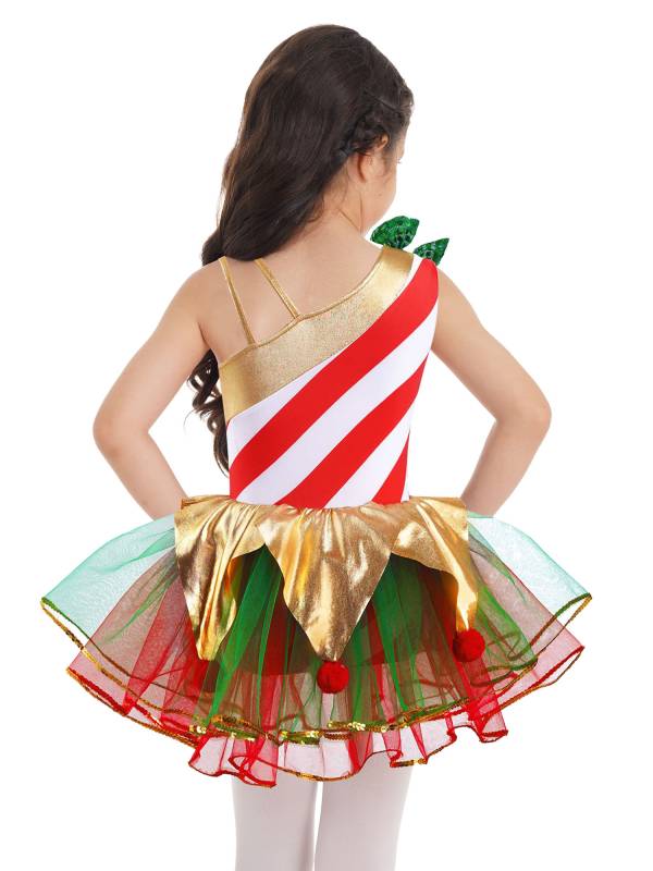 Kids Girls Christmas Sleeveless Asymmetrical Shoulder Stripes Mesh Tutu Dress thumb