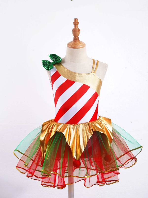 Kids Girls Christmas Sleeveless Asymmetrical Shoulder Stripes Mesh Tutu Dress thumb