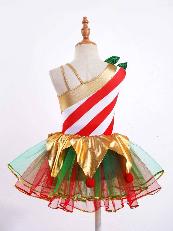 Kids Girls Christmas Sleeveless Asymmetrical Shoulder Stripes Mesh Tutu Dress thumb