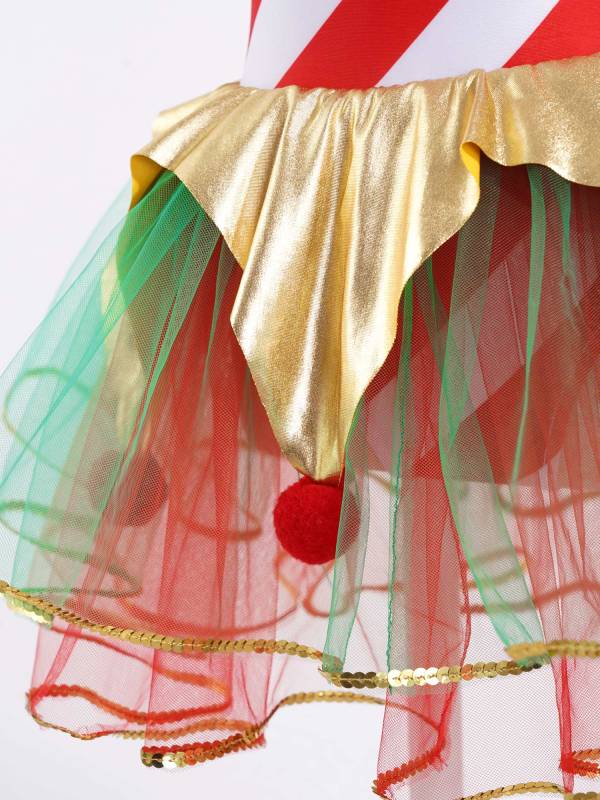 Kids Girls Christmas Sleeveless Asymmetrical Shoulder Stripes Mesh Tutu Dress thumb