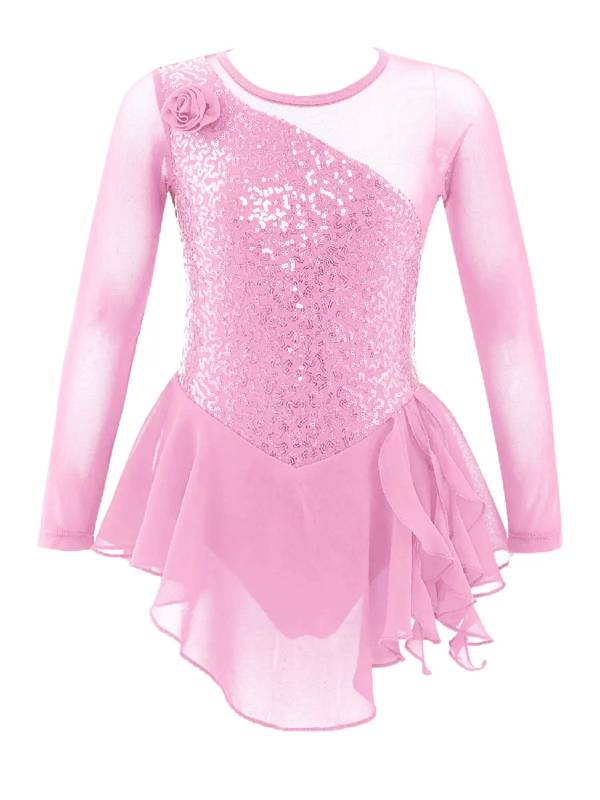 Kids Girls Sequins Hollow Back Ballet Dance Skating Leotard Dress thumb