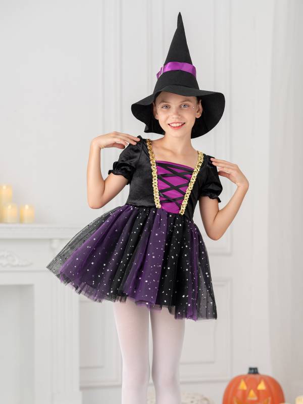 Kids Girls Short Sleeve Mesh Tutu Dress with Pointed Hat Witch Costume Set thumb