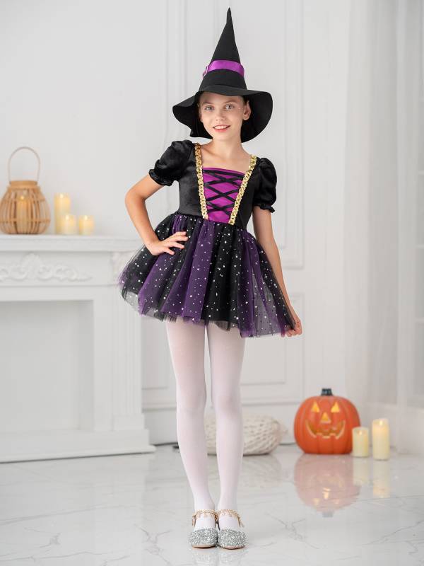 Kids Girls Short Sleeve Mesh Tutu Dress with Pointed Hat Witch Costume Set thumb