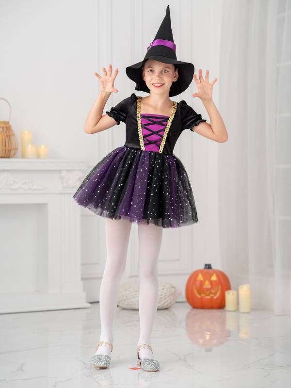 Kids Girls Short Sleeve Mesh Tutu Dress with Pointed Hat Witch Costume Set thumb