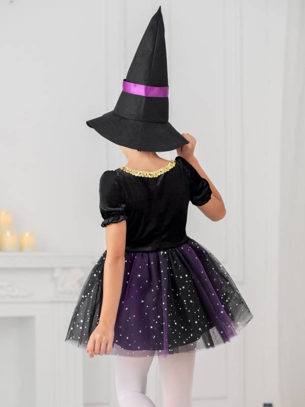 Kids Girls Short Sleeve Mesh Tutu Dress with Pointed Hat Witch Costume Set thumb