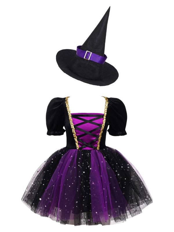 Kids Girls Short Sleeve Mesh Tutu Dress with Pointed Hat Witch Costume Set thumb