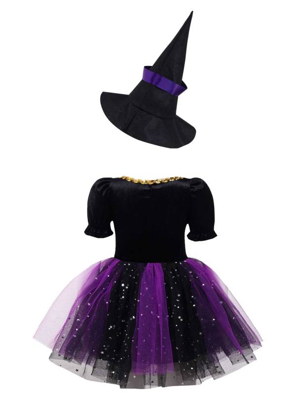 Kids Girls Short Sleeve Mesh Tutu Dress with Pointed Hat Witch Costume Set thumb