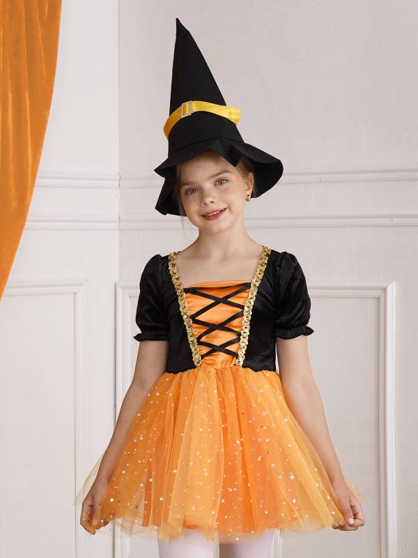 Kids Girls Short Sleeve Mesh Tutu Dress with Pointed Hat Witch Costume Set thumb