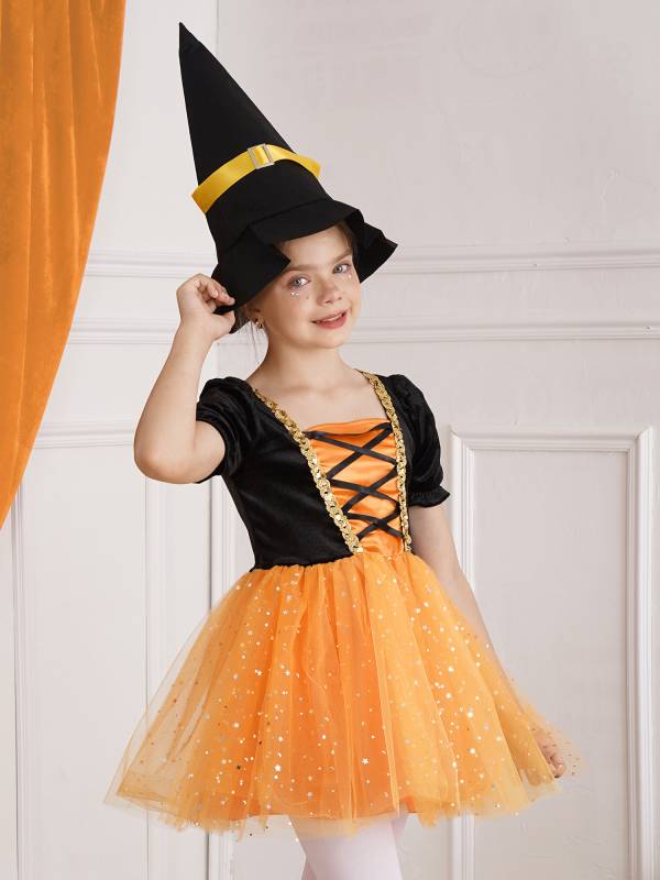 Kids Girls Short Sleeve Mesh Tutu Dress with Pointed Hat Witch Costume Set thumb