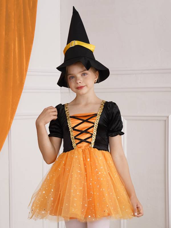 Kids Girls Short Sleeve Mesh Tutu Dress with Pointed Hat Witch Costume Set thumb