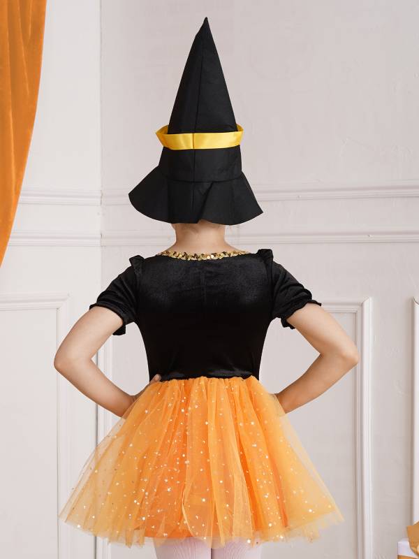 Kids Girls Short Sleeve Mesh Tutu Dress with Pointed Hat Witch Costume Set thumb