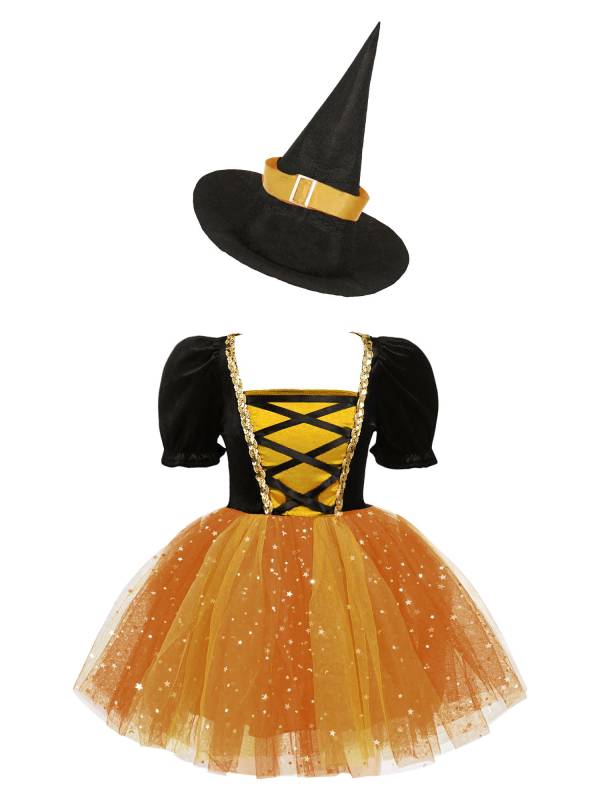 Kids Girls Short Sleeve Mesh Tutu Dress with Pointed Hat Witch Costume Set thumb