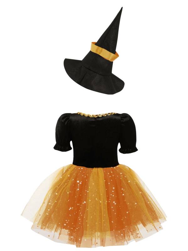 Kids Girls Short Sleeve Mesh Tutu Dress with Pointed Hat Witch Costume Set thumb