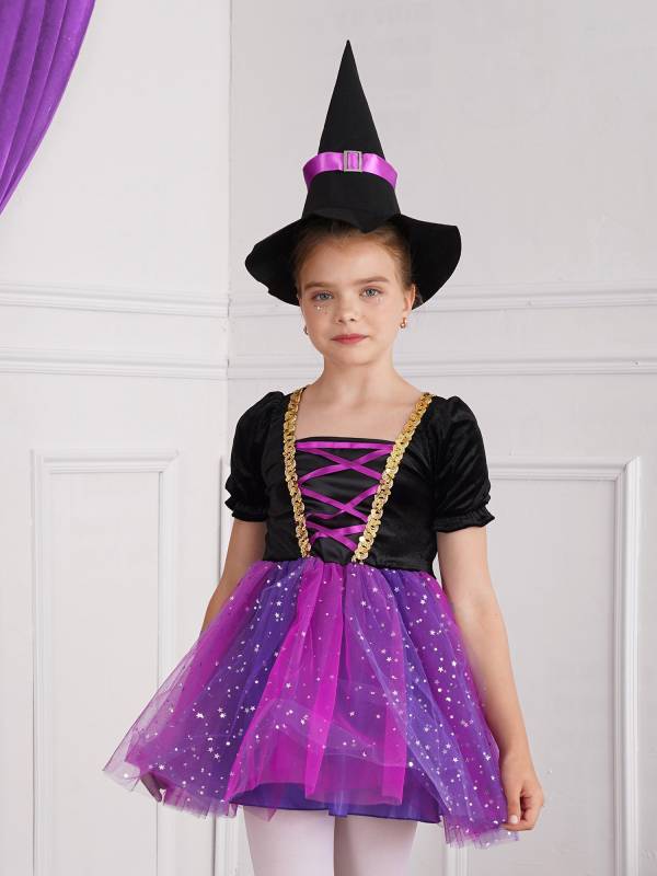 Kids Girls Short Sleeve Mesh Tutu Dress with Pointed Hat Witch Costume Set thumb