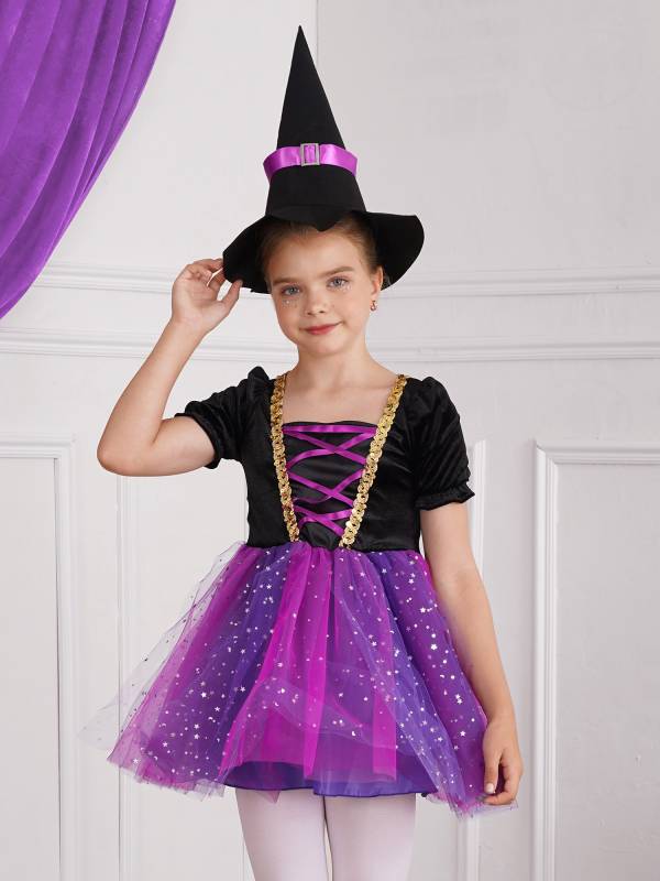 Kids Girls Short Sleeve Mesh Tutu Dress with Pointed Hat Witch Costume Set thumb