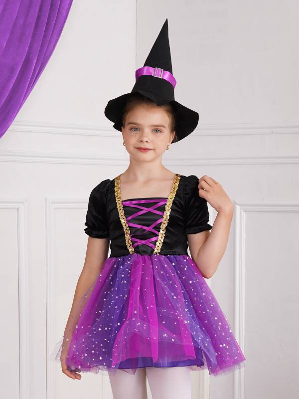 Kids Girls Short Sleeve Mesh Tutu Dress with Pointed Hat Witch Costume Set thumb