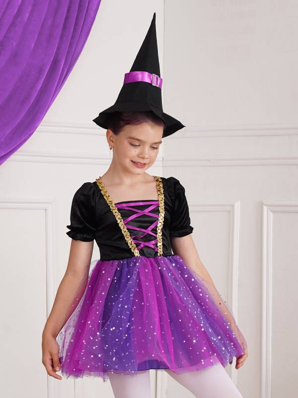 Kids Girls Short Sleeve Mesh Tutu Dress with Pointed Hat Witch Costume Set thumb