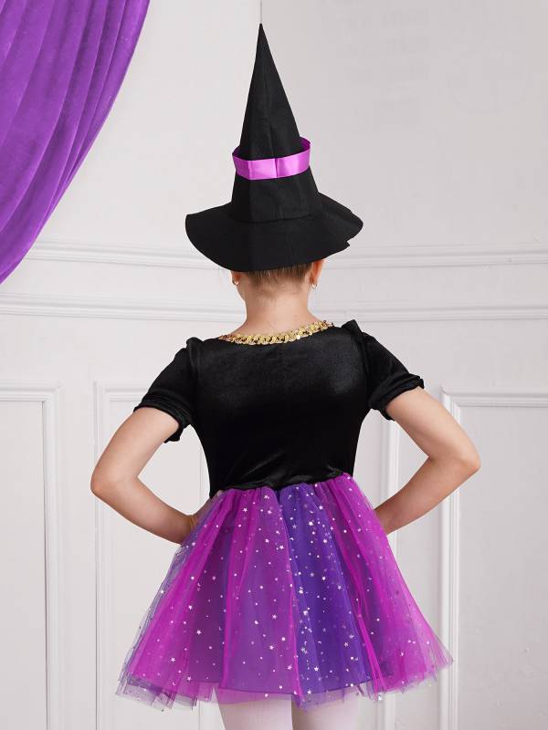 Kids Girls Short Sleeve Mesh Tutu Dress with Pointed Hat Witch Costume Set thumb