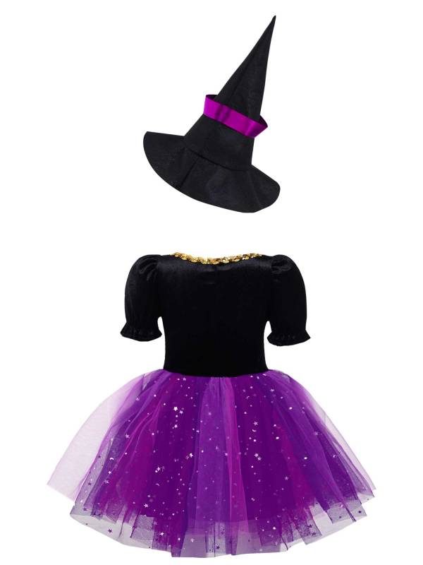 Kids Girls Short Sleeve Mesh Tutu Dress with Pointed Hat Witch Costume Set thumb