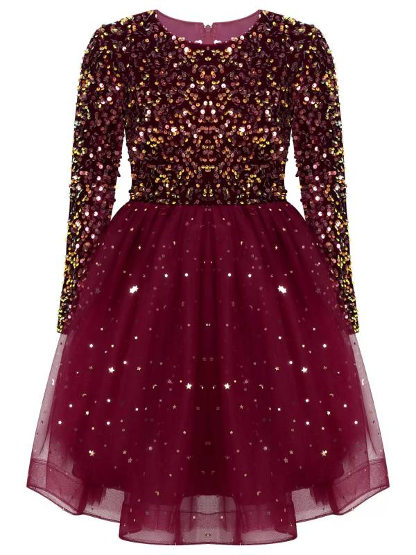 Kids Girls Christmas Sequin Velvet Tulle A-line Dress thumb