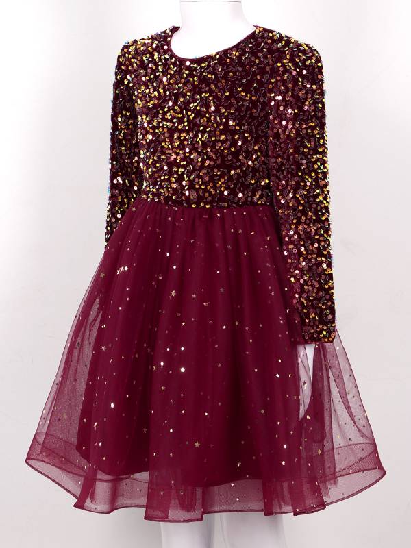 Kids Girls Christmas Sequin Velvet Tulle A-line Dress thumb