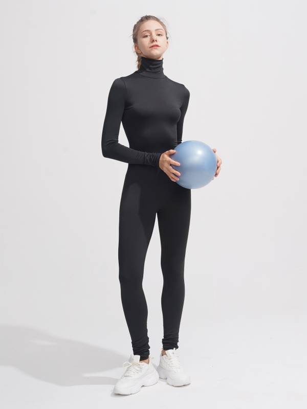 Women Solid Color High Collar Long Sleeves Unitard for Yoga thumb