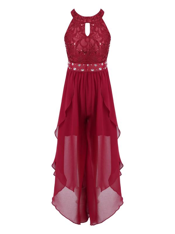 Kids Girls Glittering Beaded Chiffon Party Jumpsuit Dress thumb