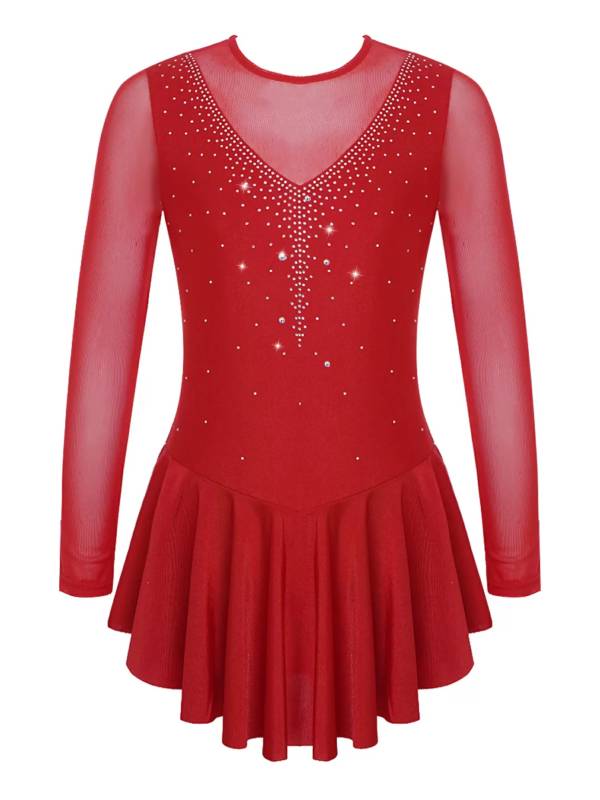 Kids Girls Long Sleeve V Shape Rhinestone Hollow Back Skating Dress thumb