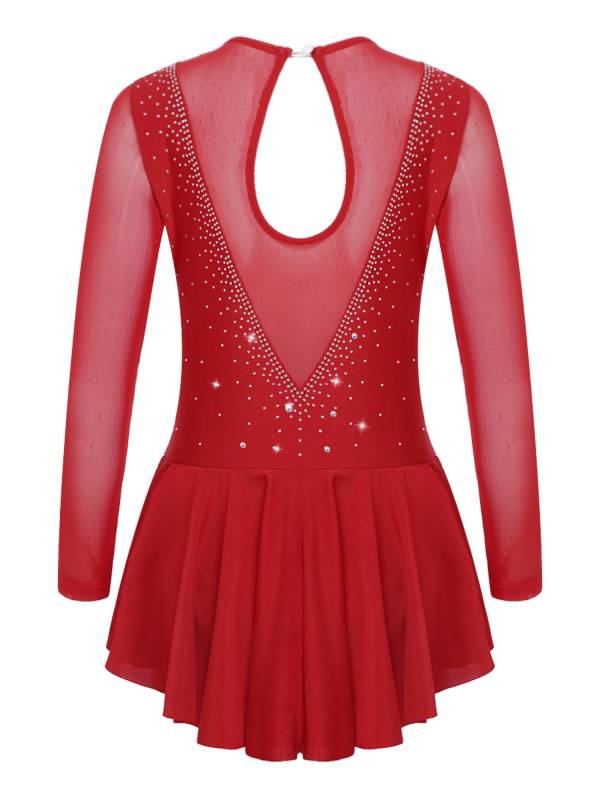 Kids Girls Long Sleeve V Shape Rhinestone Hollow Back Skating Dress thumb