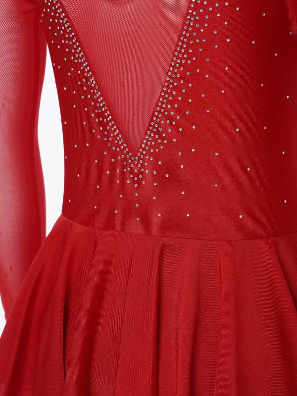 Kids Girls Long Sleeve V Shape Rhinestone Hollow Back Skating Dress thumb