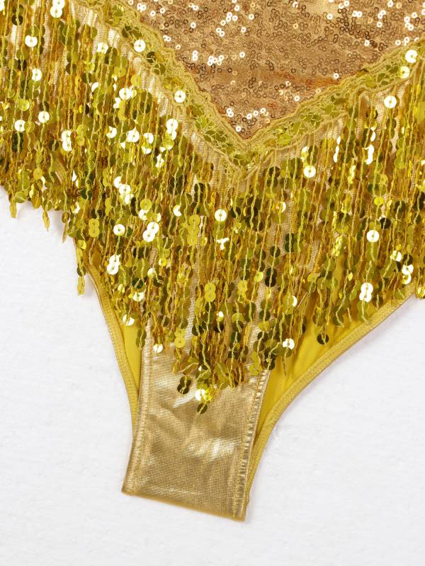 Women Sparkling Sequin Tassel Latin Dance Leotard thumb