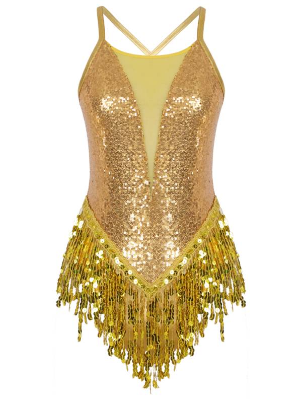 Women Sparkling Sequin Tassel Latin Dance Leotard thumb