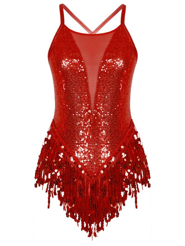 Women Sparkling Sequin Tassel Latin Dance Leotard thumb