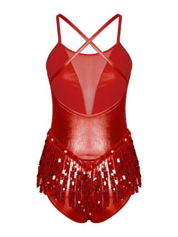 Women Sparkling Sequin Tassel Latin Dance Leotard thumb