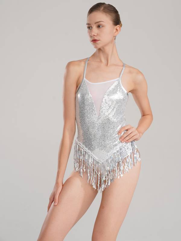 Women Sparkling Sequin Tassel Latin Dance Leotard thumb