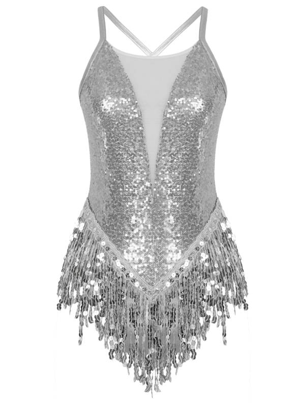 Women Sparkling Sequin Tassel Latin Dance Leotard thumb