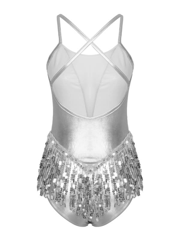 Women Sparkling Sequin Tassel Latin Dance Leotard thumb